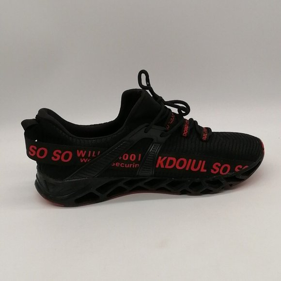 Skdoiul Mens Sneaker Black w/Red Lettering Lace Up Round Toe Flat Heel EUR 42.5 - Picture 2 of 9